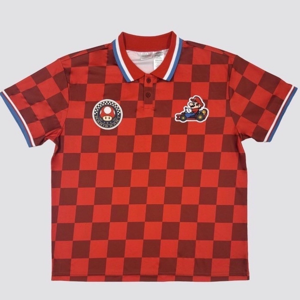 Nintendo Mario Kart Racing Polo Small Red Checkered NWT Short Sleeve Jersey